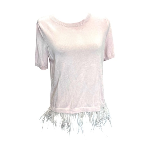 Halogen Merino Wool Feather Hem Sweater Top Medium Blush Beige Ostrich Trim - Picture 5 of 10